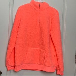 Peach Smoothy colored teddy bear zip up pull over! Neon! Women’s Size L